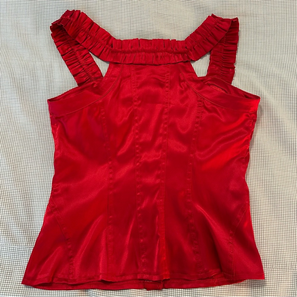 BEBE NWT Satin/Silk Red Ruffle Tank Top! Gorgeous Summer Vibe! Size S button up - Picture 6 of 11